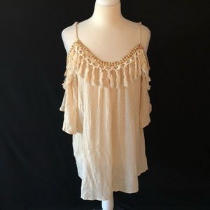 TOP/BLOUSE Velzera Cold Shoulder Tassel S, M Beige NWT